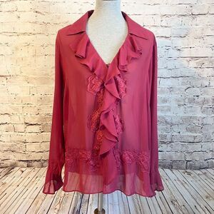 Lane Bryant Red Sheer Blouse Long Sleeve Ruffle Button Down Loose Fit 14/16 FLAW